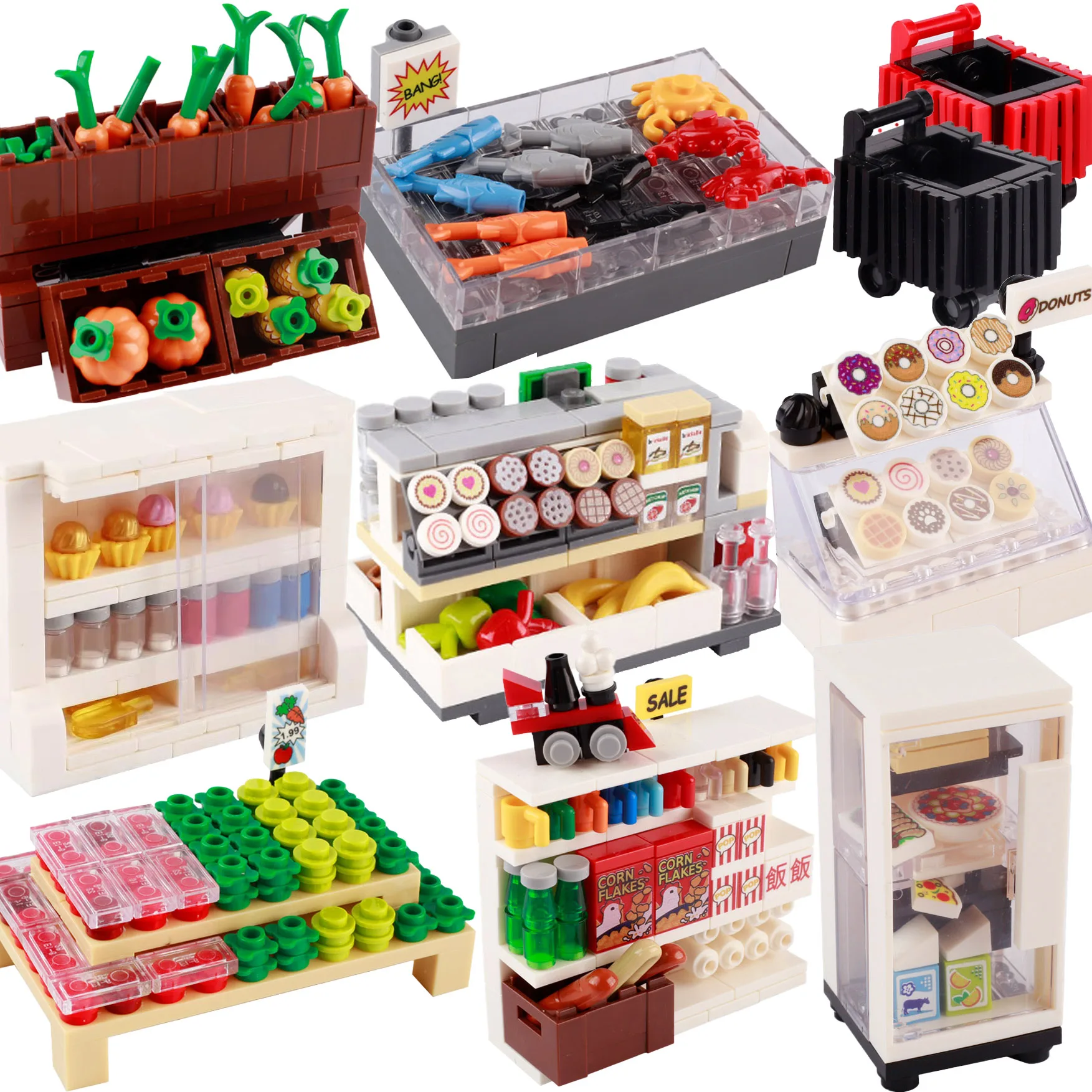 MOC-City Supermarket Building Blocks, Bricks Toys, Fresh Food, Seafood, Bread, Shopping Cart, Checkout Counter, Milk Shelf, Donut