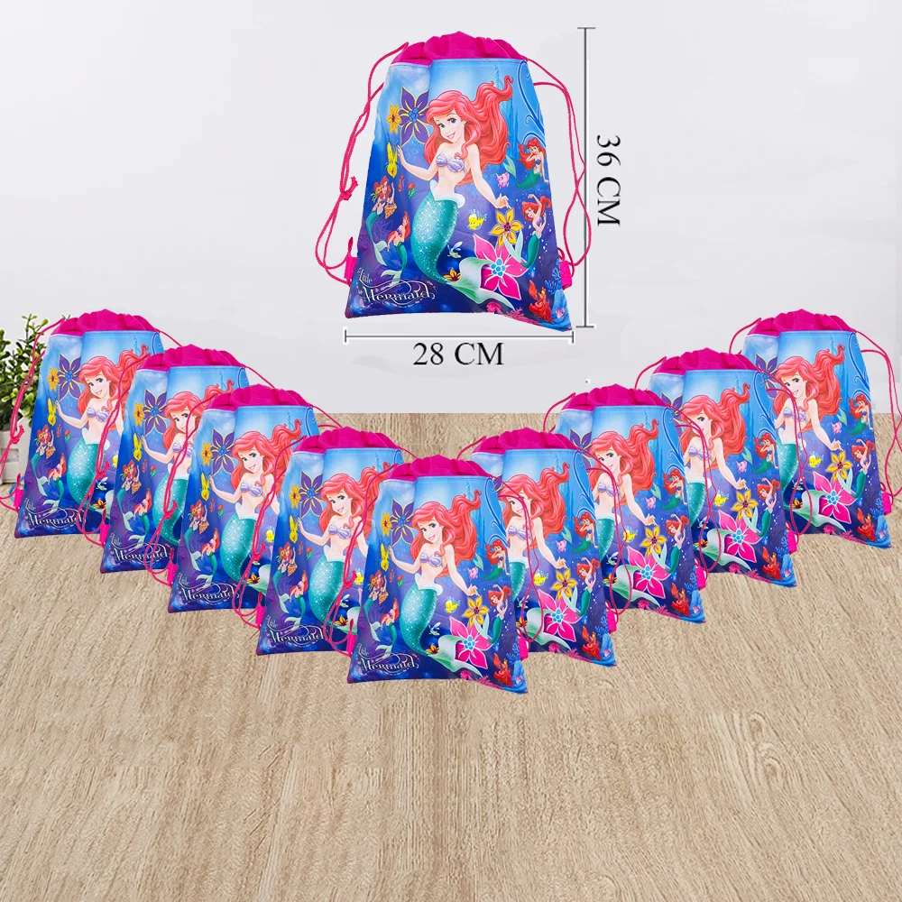 Disney Mermaid Gift Bag Non-woven Kids Girls Birthday Party Gift Shopping Bag Drawstring Backpack Festival Ariel Party Supplies