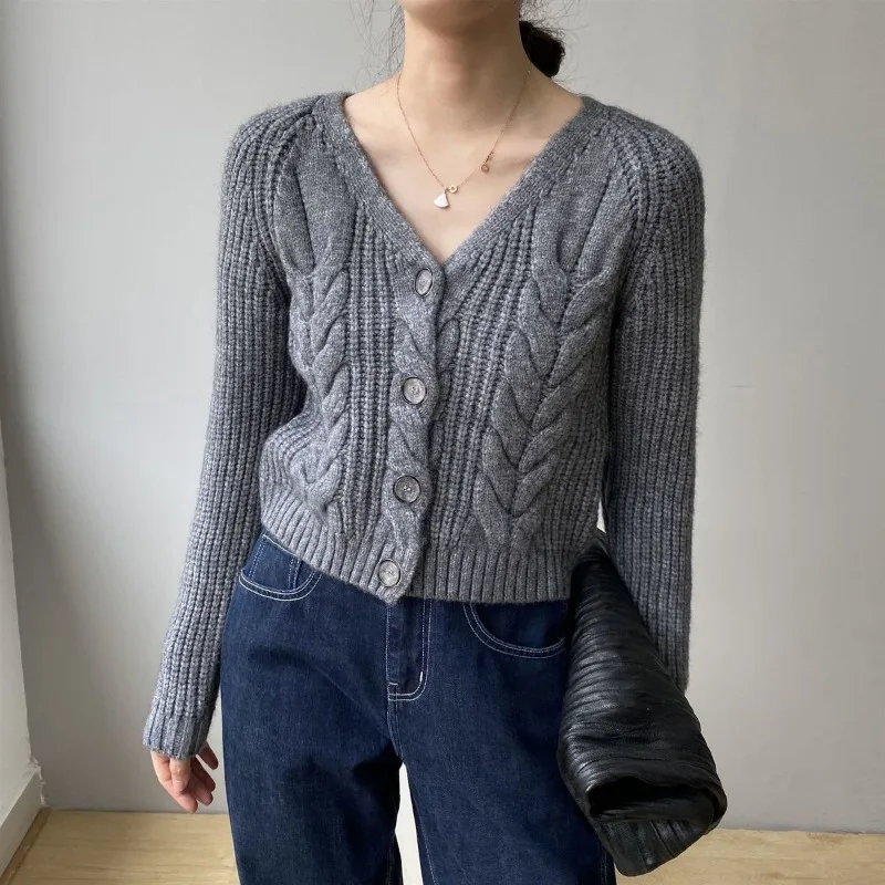 Женский весенне-осенний новый свитер с высокой талией и v-образным вырезом на пуговицах, модный однотонный свободный повседневный вязаный кардиган