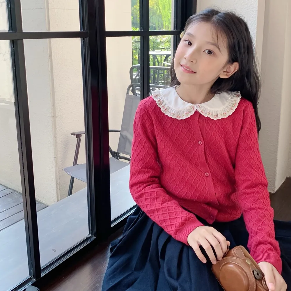 

Осенняя одежда для малышей, детское пальто для девочек, шерстяной кардиган с узором «елочка», красный цвет, шерстяной кардиган, приятный для кожи и теплый свитер, трикотаж