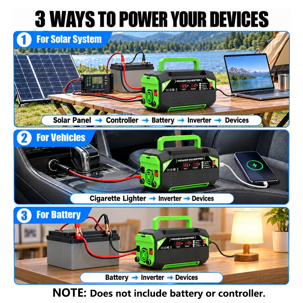 Portable Power Inverter 500W, DC 12V to AC 110V Voltage Converter High Power US Socket Car Power Inverter for Phone Laptops Indoor and Outdoor Use