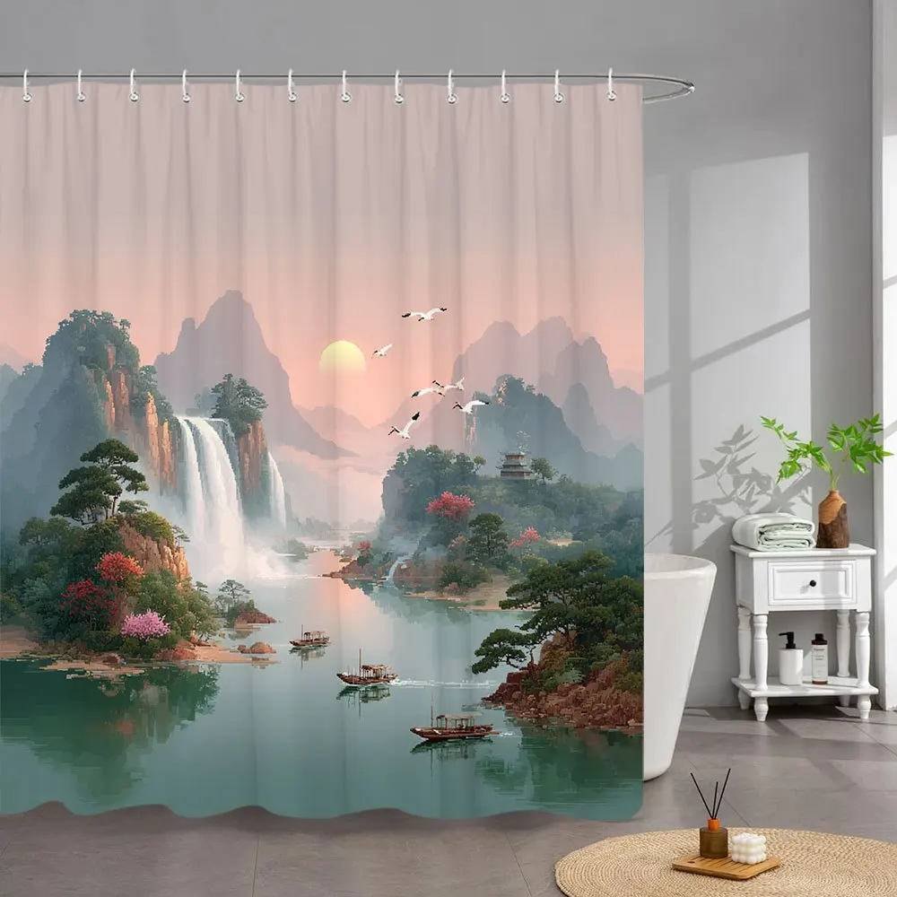 

1pc Misty Waterfall Bath Curtain - Serene Sunset Landscape with Cascading Falls, Pagoda & Colorful Flowers, Traditional Chinese
