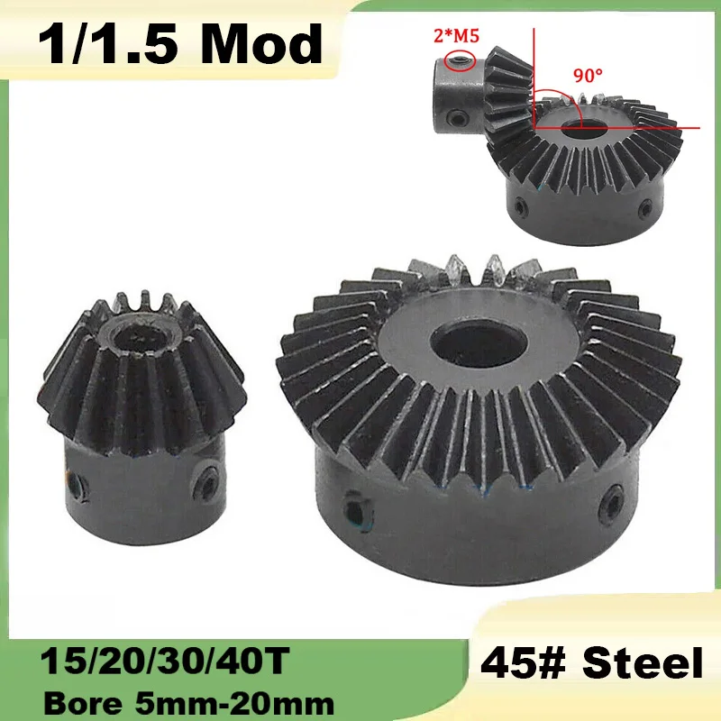 1Pcs 1/1.5 Modul 1:2 Bevel Gear 15/20/30/40T Transmission Gears 90° Right Angle Bevel Gears 45# Steel Bore 5/6/8/10/12/12.7-20mm