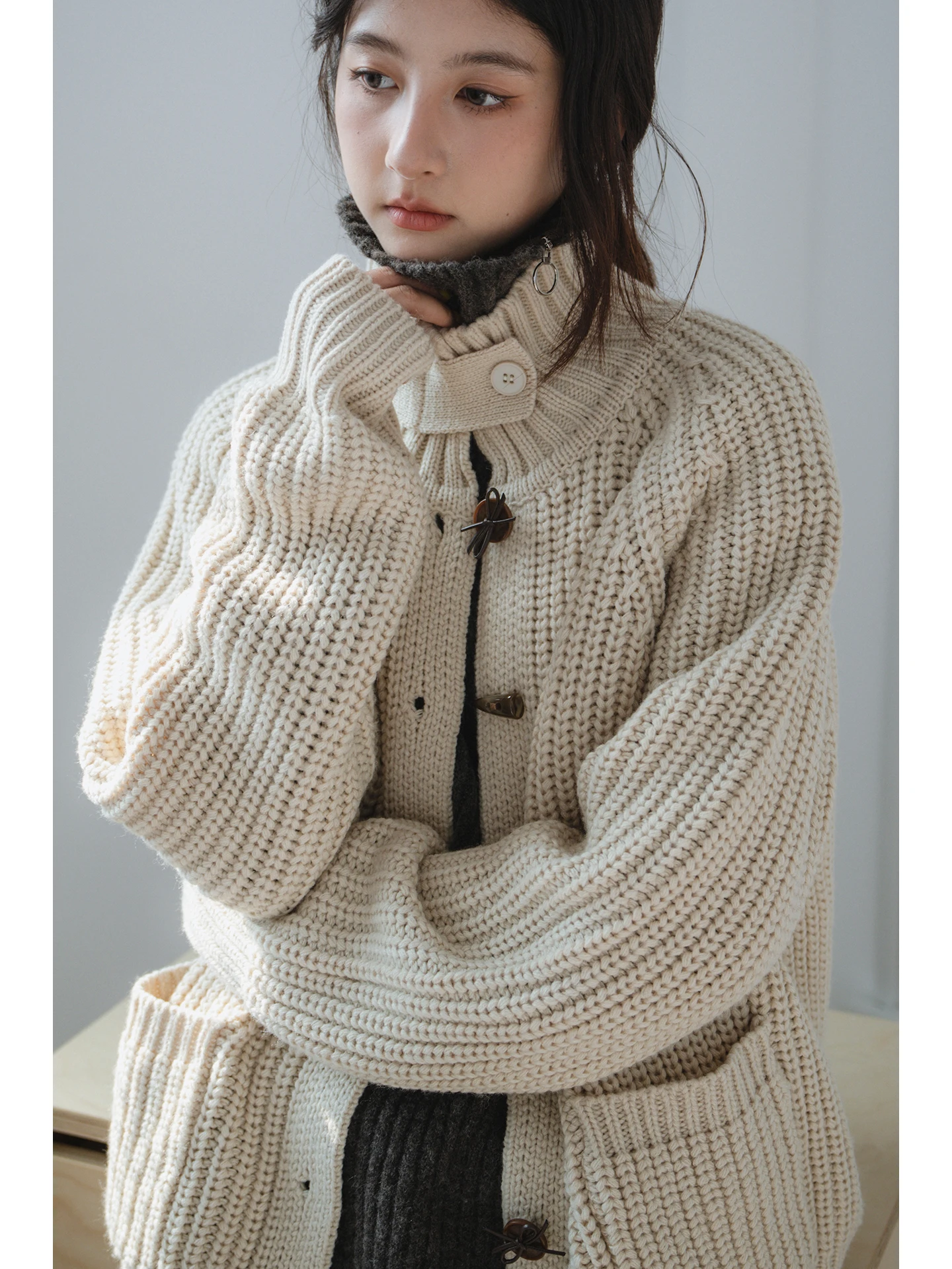 

Warm Vintage Knitwear Coat Women's Loose f High Collar Lazy Needle Thiened Winter Sweater Outerwear Soft Commute Sle