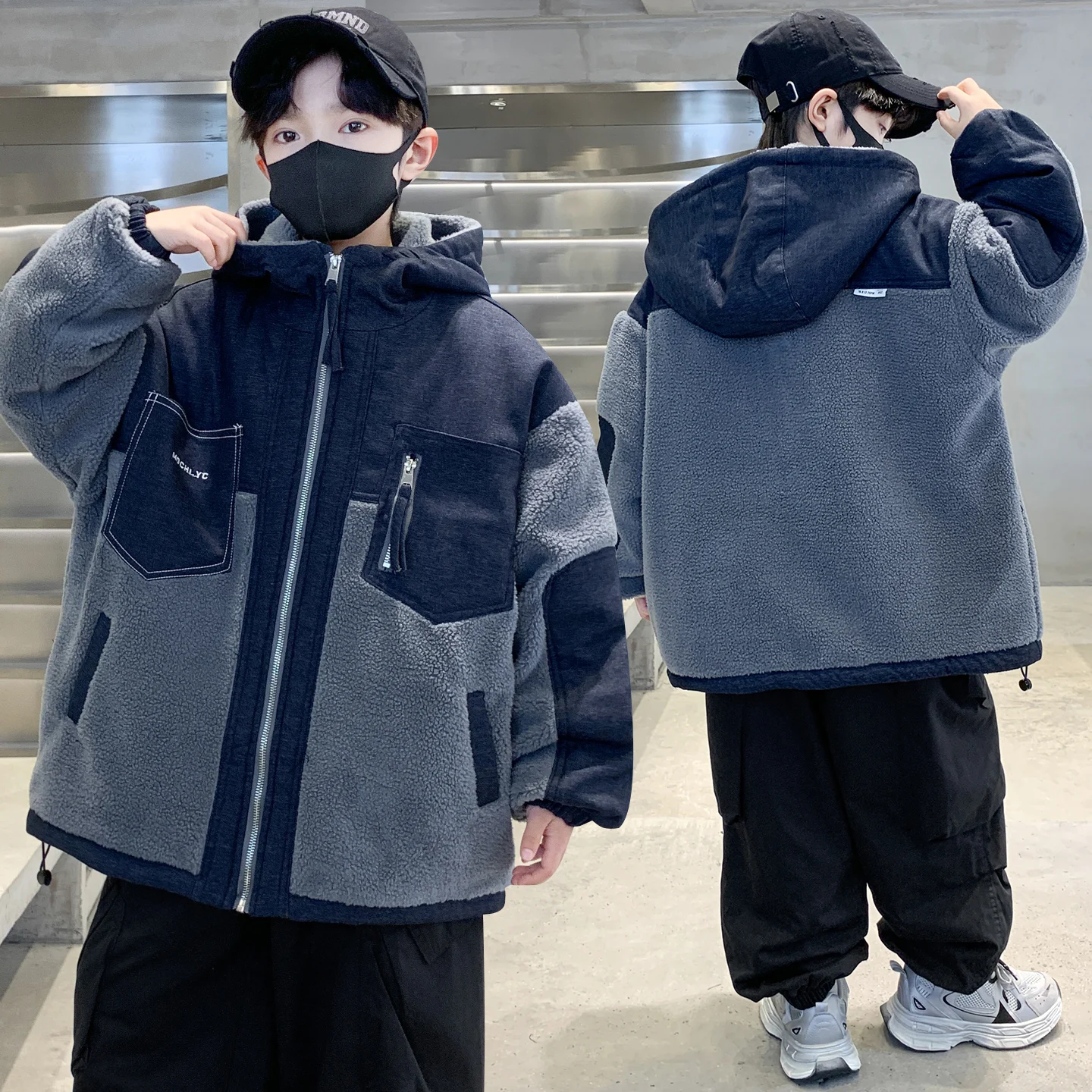 Boy's Fashion Streetwear Sherpa Fleece Jacket - Winter Warm Color Block Hooded Coat with Utility Zip Pockets & Contrast Panels