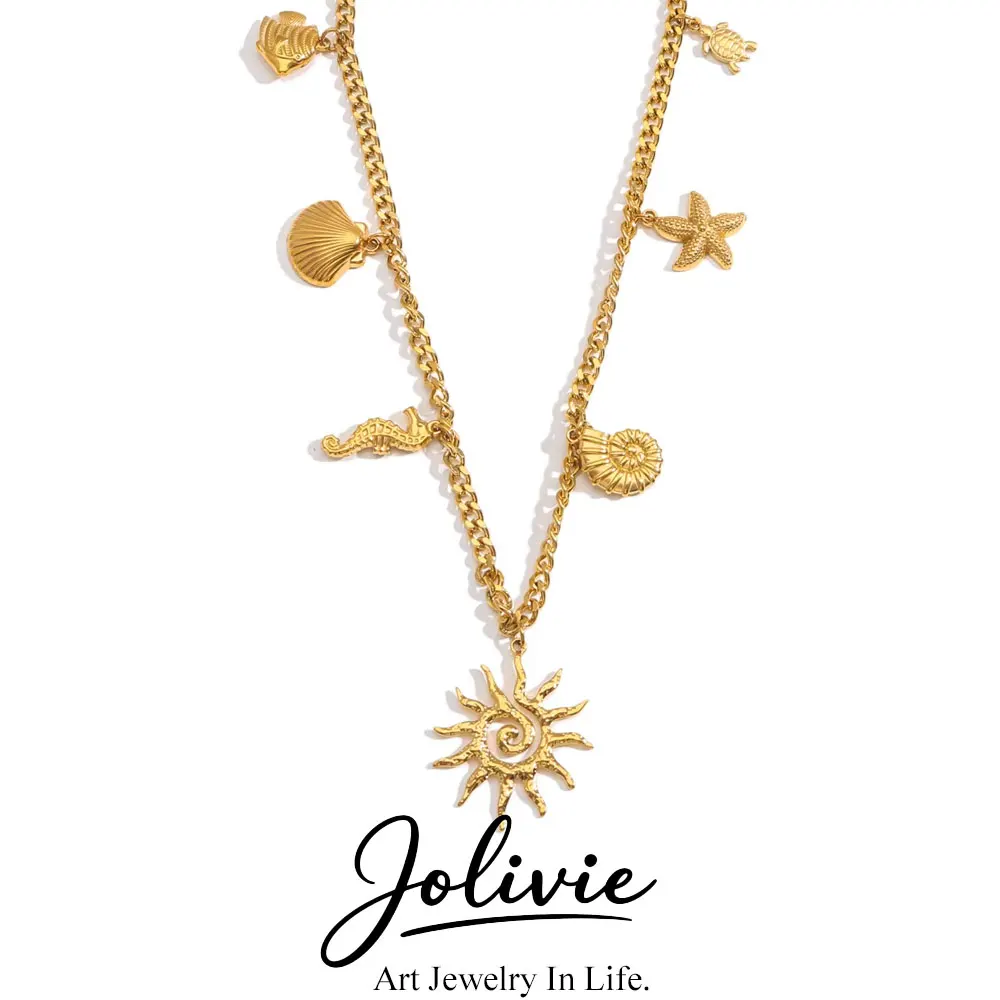 

Jolivie Stainless Steel Starfish Shell Pendant Necklace for Women Ocean Style Handmade Waterproof Charms Spiral Sun Neckalce
