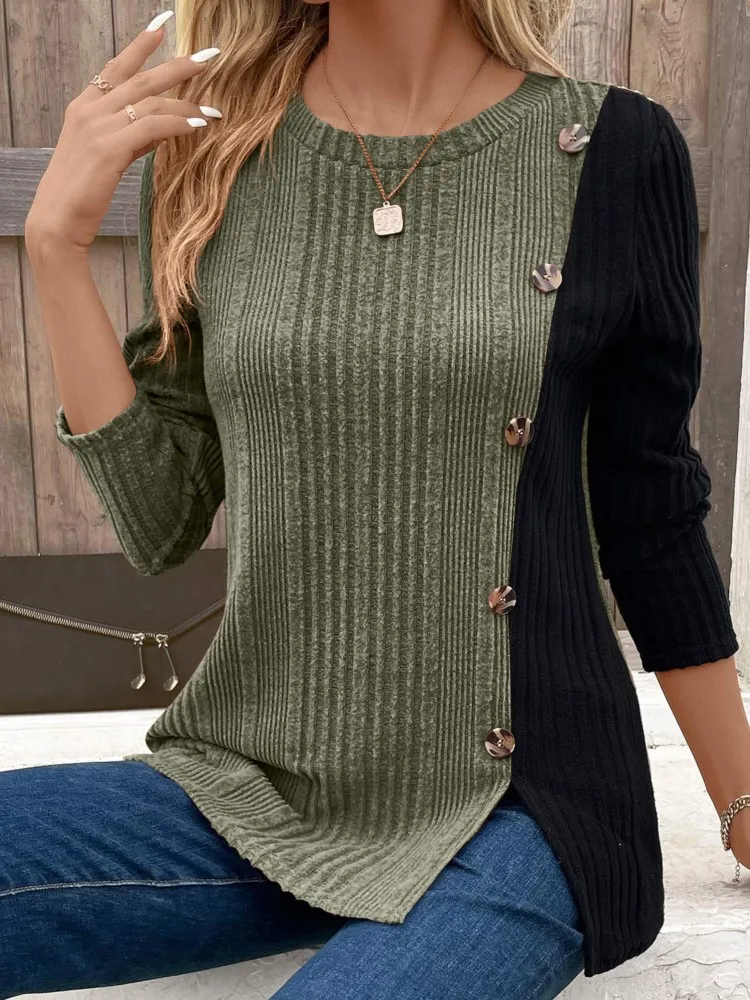 

Round Neck Long Sleeved Button Fashion T-shirt Women's Casual Autumn Tops Daily Office Casual Button Ribbed Colorblock T-shirt
