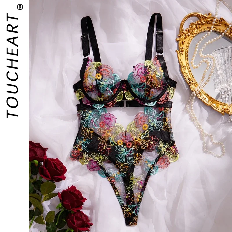 

Toucheart Sexy Bodysuit Mesh Patchwork Lace Coloured Embroidery Fantasy Sexy Tops Pure Desire Sheer Hot Night Lady Clothes New
