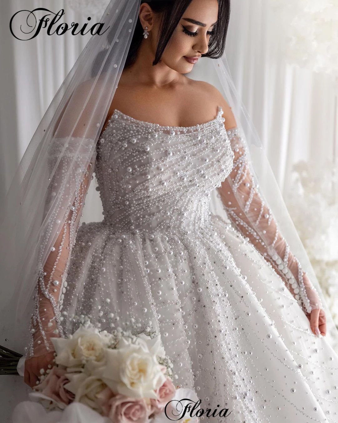 Full Pearls Luxury Wedding Dresses Pregnant Elegant Wedding Gowns For Women Vestido Blanco Plus size Chapel Brides Dresses