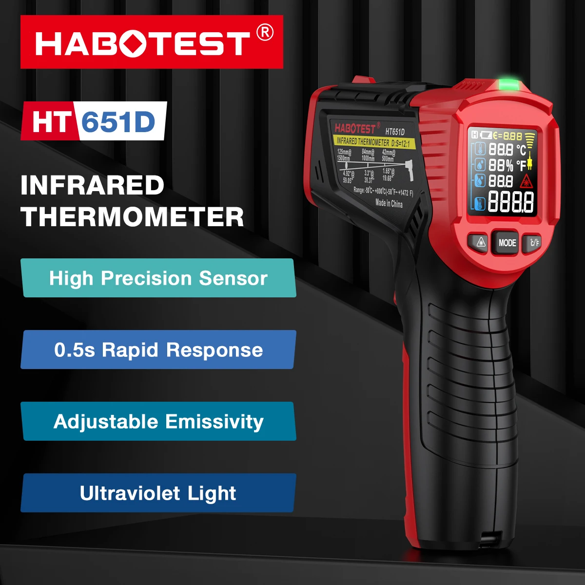 HABOTEST HT651D Infrared Thermometer Laser Temperature Meter -50-800℃ Non-contact Industrial Infrared Laser Temperature Meter