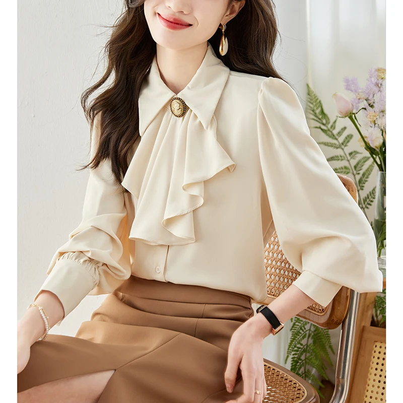 

Shirts for Women Spring New High-end French Design Apricot Lace Long-sleeved Fashion Shirt Small Fragrance Commuting Solid Color