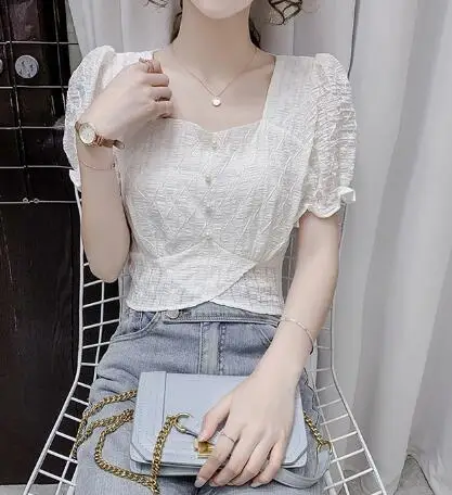 Summer New Elegant Fashion Square Collar Beading Irregular Chiffon Shirt Top Women Waist Ruffles Puff Short Sleeve Casual Blouse