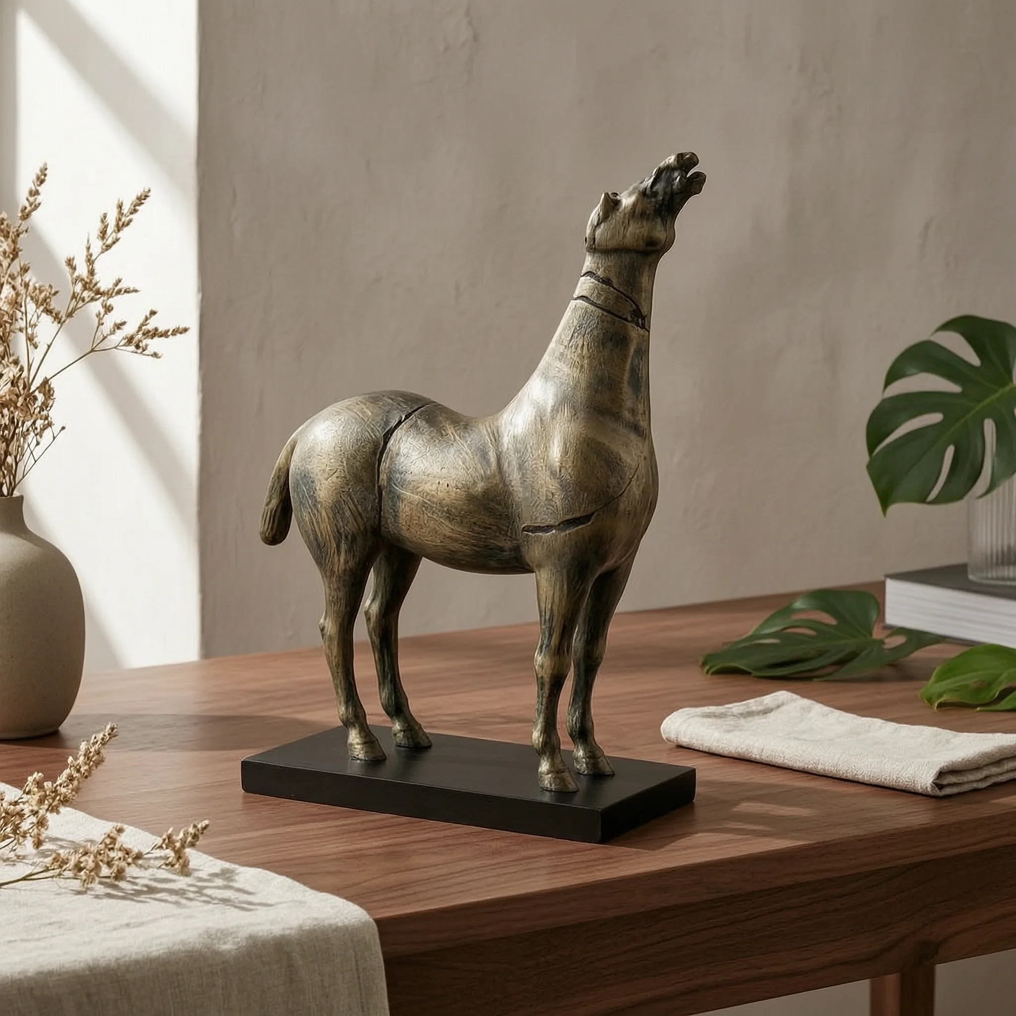 Standing Horse Figurine Sculpted Surface Horse Statue on Base Equine Sculpture Hand Finished 1 Piece Non