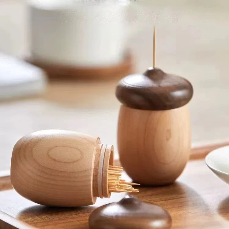 HeMu Acorn Shaped Wooden Toothpick Holder, Creative Two-Tone Wood Toothpick Dispenser for Home Kitchen & Dining Table Decor