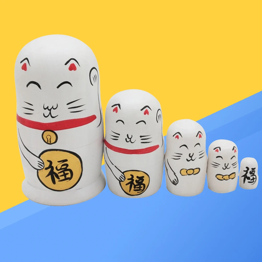 

5 pcs Nesting White Fortune Cat Russian For Collection Decoration Lovely Storage Kids Adults Gift Valentin Christmas