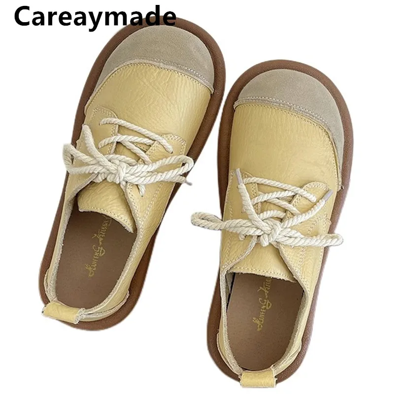 

Careaymade-Genuine Leather comfortable Single Shoes Retro Art Small White Shoes Women's Cowhide Ugly Cute Round Toe Women Shoes