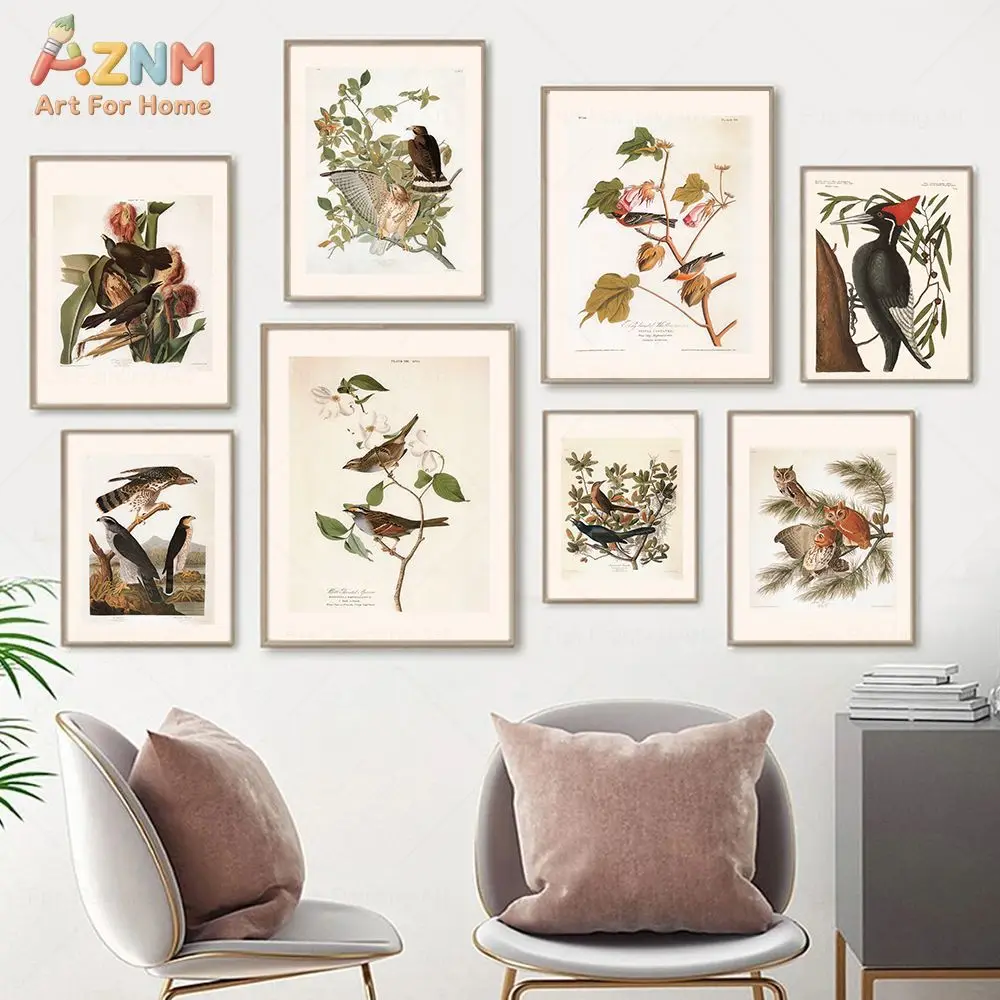AZNM Vintage Audubon Bird Canvas Wall Art Retro Botanical Wild Birds Leaf Antique Illustration Unframed Print For Farmhouse Livi