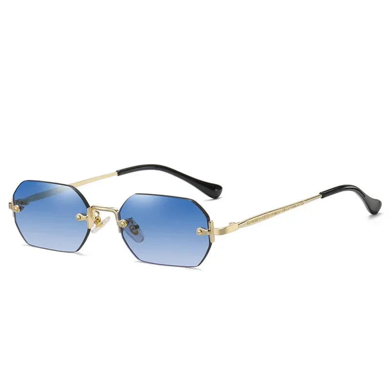 

Rimless Rectangle Sunglasses Small Men Glasses Women Metal Gold Polygon Blue Shades 2024 UV400 Frameless