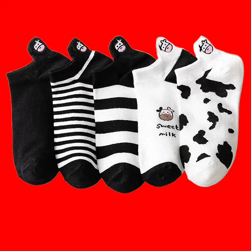 Chaussettes Courtes à Coupe Basse pour Femme, de Qualité Supérieure, Interrupteur Motif de Vache, en Coton, avec Impression Créative, pour le dehors, Nouvelle Collection 5/10, 2024 Paires