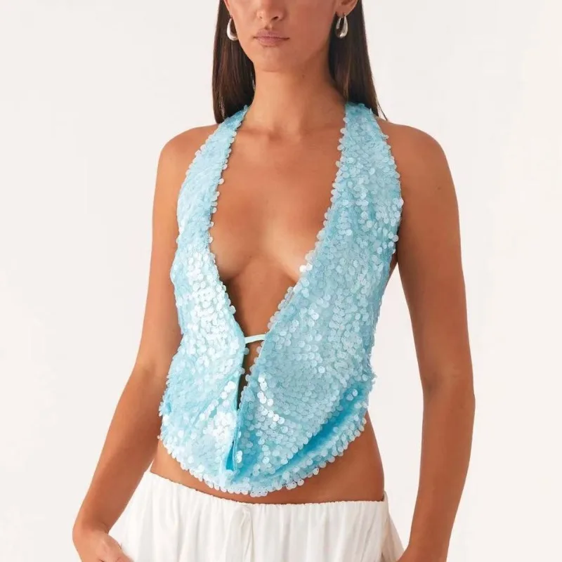 New Summer Sequin Female Tank Top Sexy Backless V-Neck Hollow Out Patchwork Glitter Y2k Cropped Top for Women Shiny Vest Top