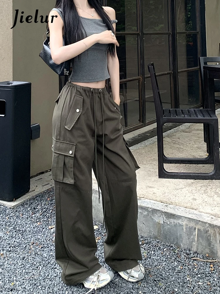 

Jielur Two Piece New American Drawstring Low Waist Women's Pants Loose Slim Cargo Pants Woman Sexy Solid Color Sleeveless Top