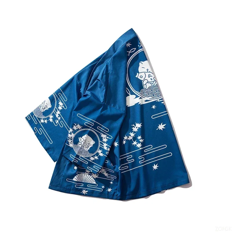 كيمونو ياباني مطبوع عليه قطة، كيمونو رفيع للرجال، ملابس الشارع اليابانية، أزرق، كاجوال، ملابس خارجية كرتونية