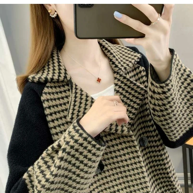 Female Short Xiaoxiangfeng Suit Coat Women Loose Fitting Houndstooth Tops Spring Autumn Lady Long Sleeves Cardigan Blazer Jacket