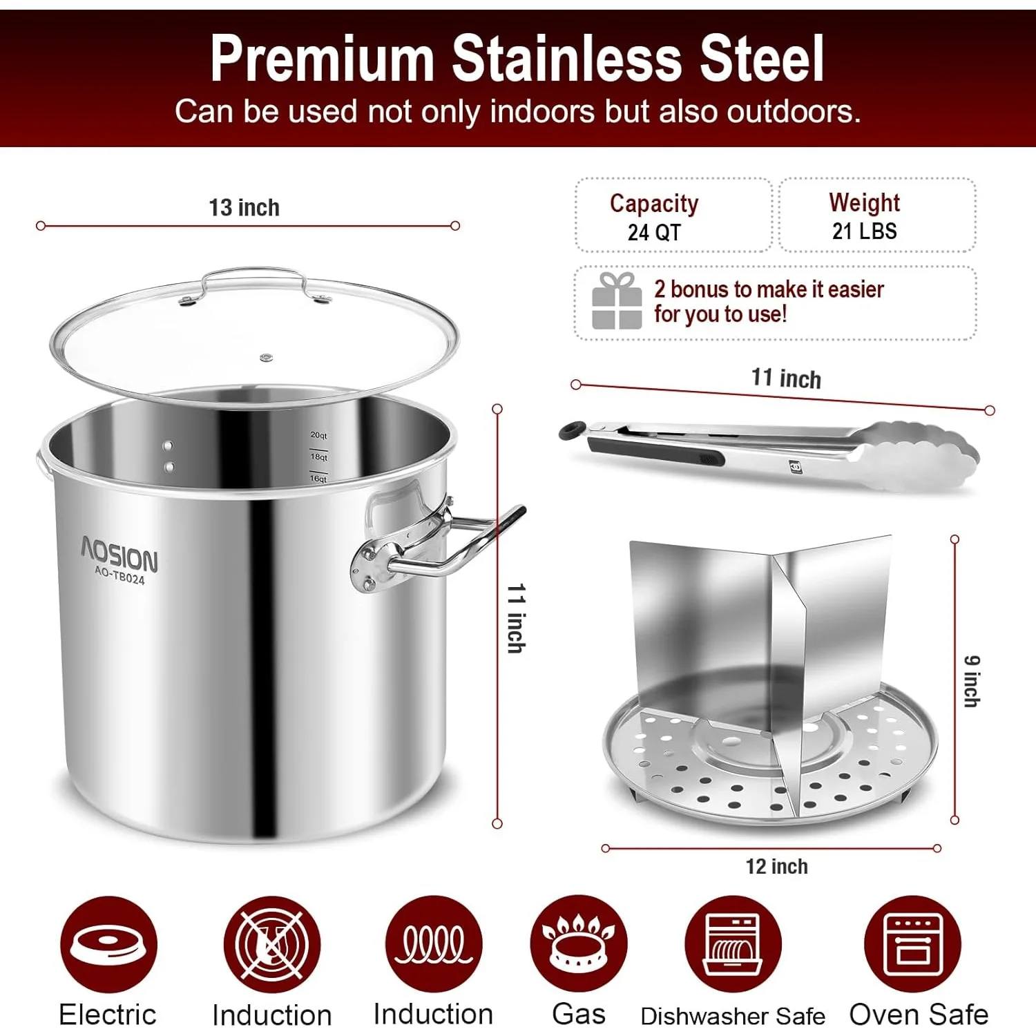 24 Quart Stainless Steel Stock Pot With Lid, 3-IN-1 Heavy Duty Tamale Steamer Pot with Visible Lid for Pasta, Soup,Large Pot