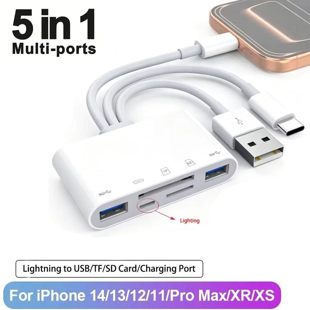Adaptador USB OTG 5 em 1 com Slots para Leitor de Cartão MicroSD e SD, Compatível com Dispositivos iPhone, iPad, USB-C e USB-A, SD/SDHC/SDXC/MM