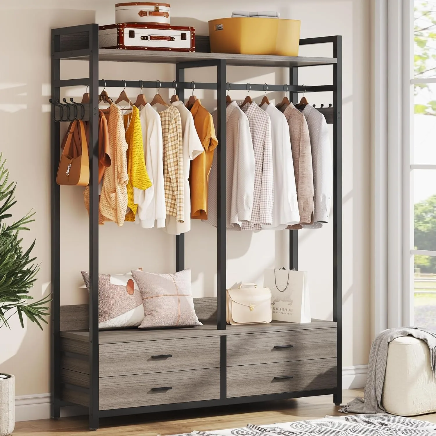 Freestanding Closet Organizer for Hanging Clothes, Heavy Duty Garment Rack with 4 Drawers, 8 Hooks and Storage Shelves