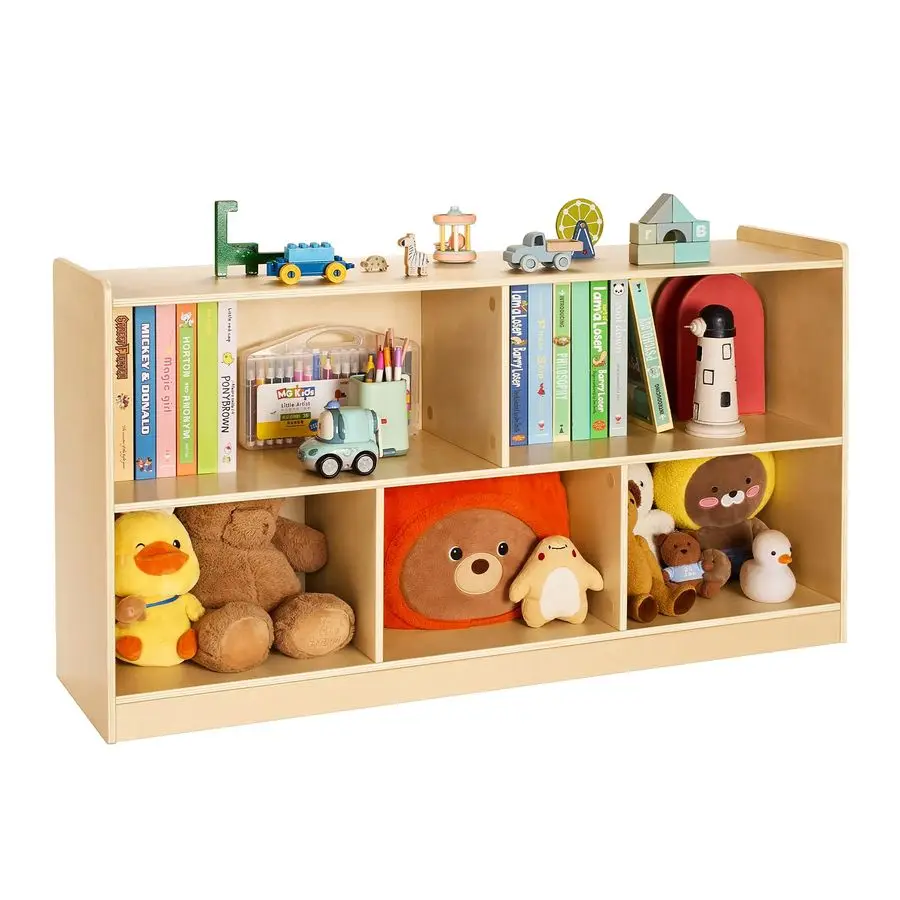 Montessori Bookshelf, Wooden Toy Storage Organizer, 5Cubby Toy Organizers and Storage, Daycare Furniture, Kids Bookshelf for Bed