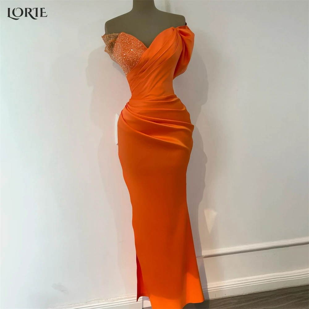 

LORIE Orange Glitter Mermaid Evening Dresses Off Shoulder V-Neck Elastic Satin Dubai Prom Dress Pleated Arabia Bride Party Gowns