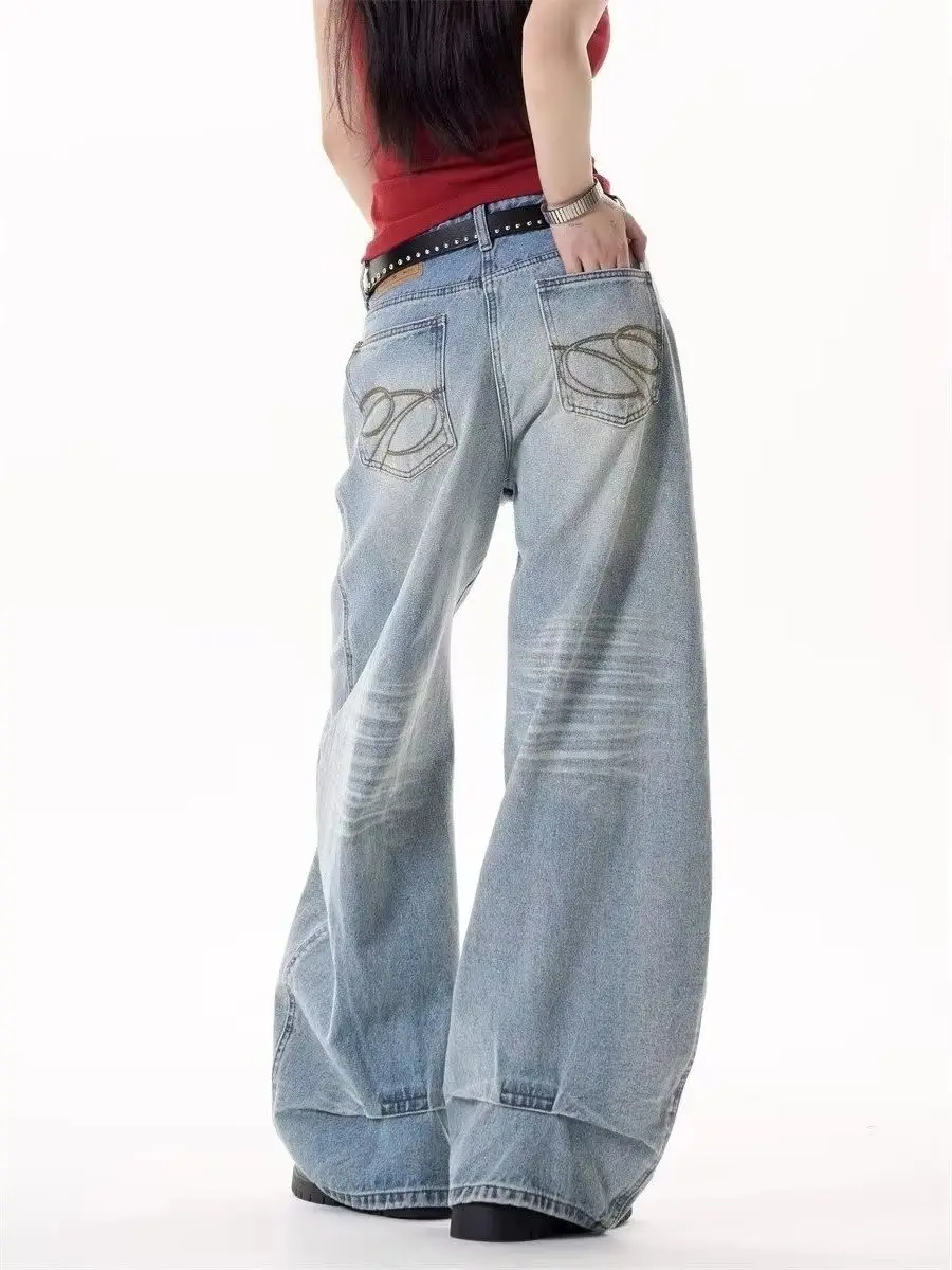 Y2K Frauen Hohe Taille Breite Bein Jeans Katze Kamm Druck Abnehmen Hosen Herbst Lose Fit Casual Hosen