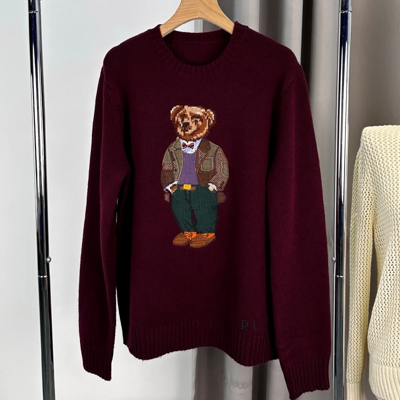 

Camere Вязаный длинный свек Свободный крой осенне-зимний свитер с мультяшной вышивкой медведя круглый теплый теплый шерстяной B...