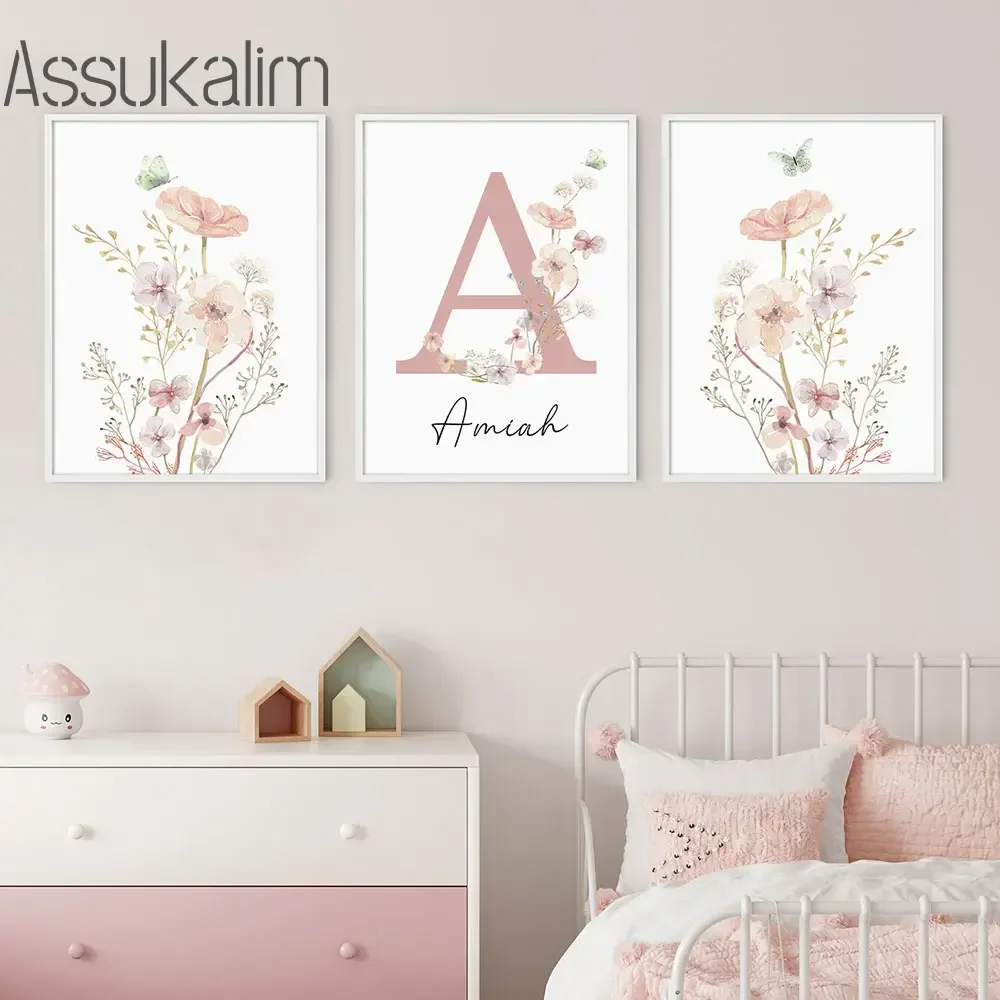 Personalized Name Custom Art Pink Flowers Canvas Picture Dopamine Picture  Kindergarten Decor Poster Girl Bedroom Decor No Frame