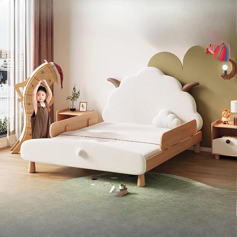 Modern simple girl princess bed boy with guardrail children's bed Internet celebrity lamb cloth lamb wool solid wood bed