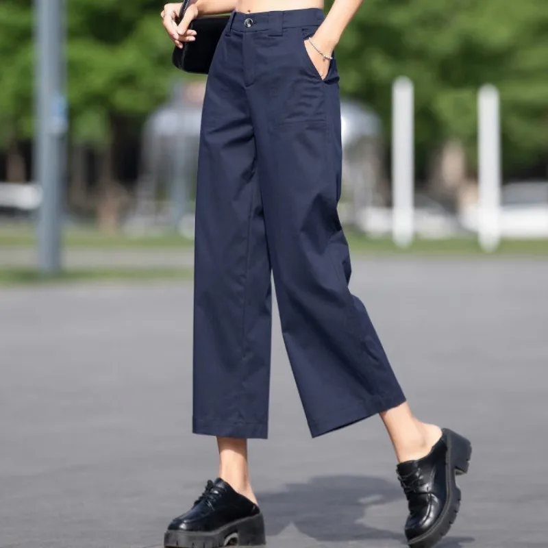 Women's Cotton Wide Leg Cropped Pants High Waist Casual Straight Leg Trousers