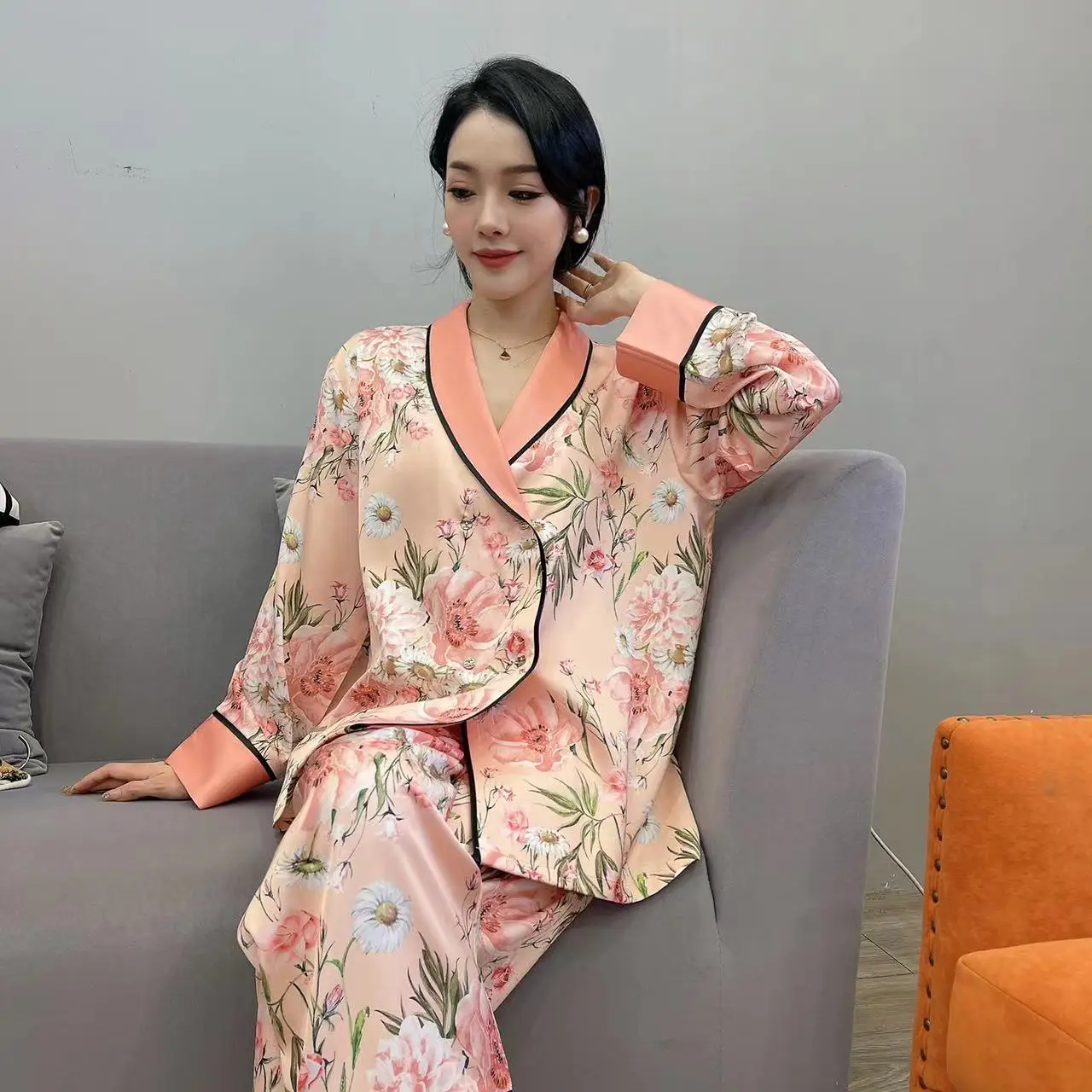 Ice Silk Pajamas for Women Satin Print Sleepwear Long Sleeve Pants 2 Pieces Set Can Be Worn Outside High-quality Home Clothes