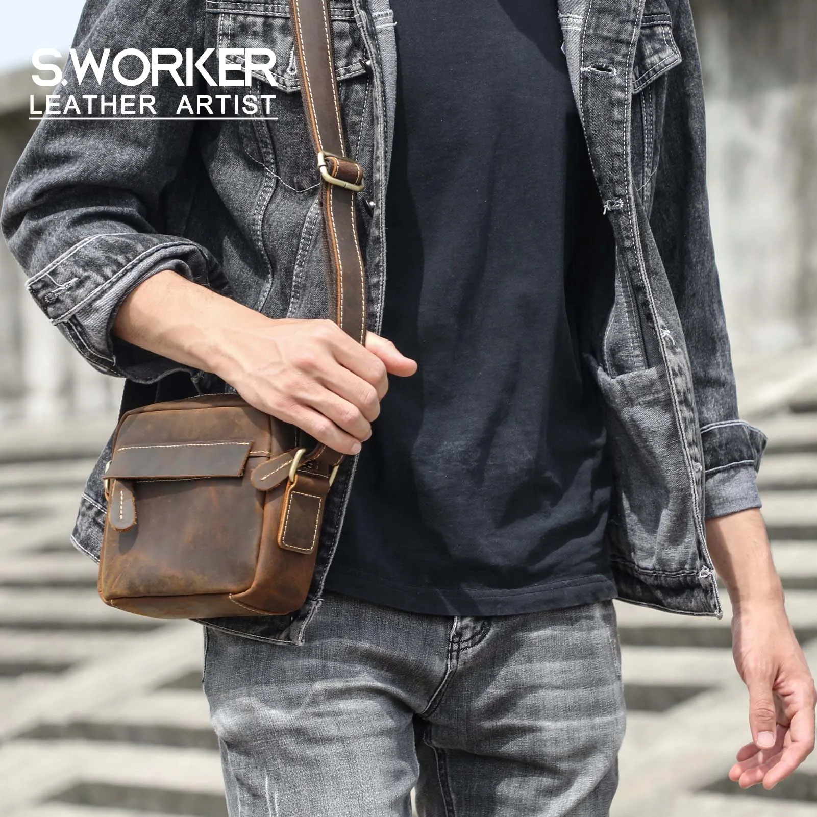 S.WORKER Vintage-Umhängetasche aus Vollnarbenleder, Herren-Schultertasche, Mini-Handy- und Schlüsseltasche – Detail 2