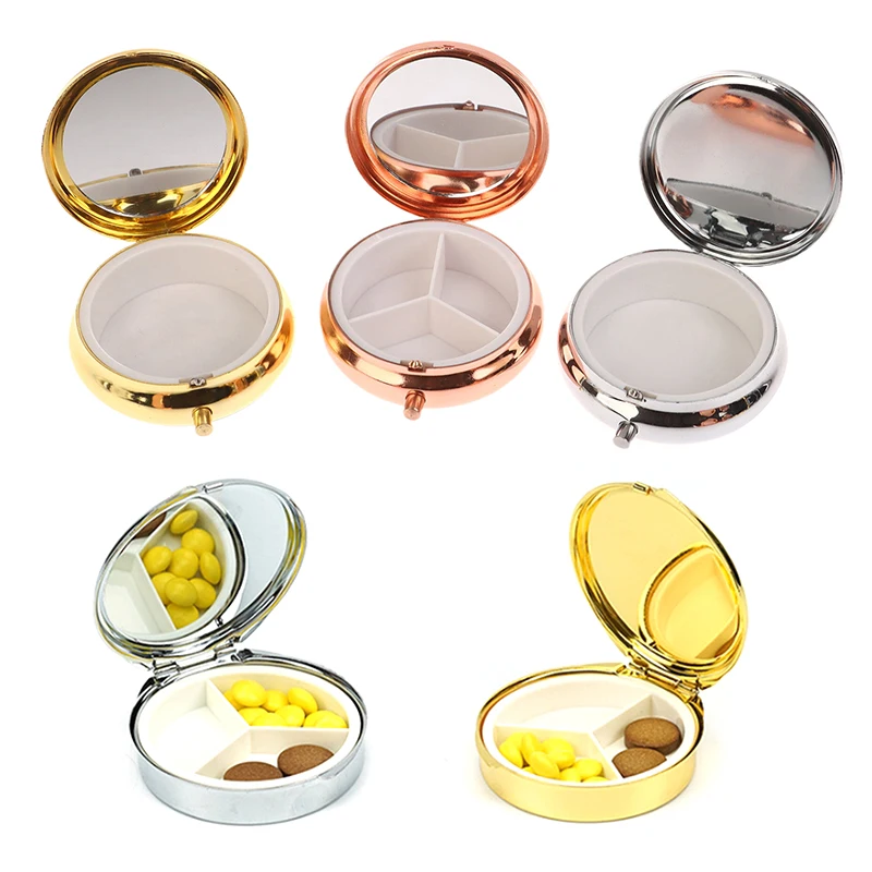 1pc 1/3 Grid Circular Metal Medicine Box Travel Pill Capsule Box Drug Dispense Storage Storage Of Health Pill Products Organizer