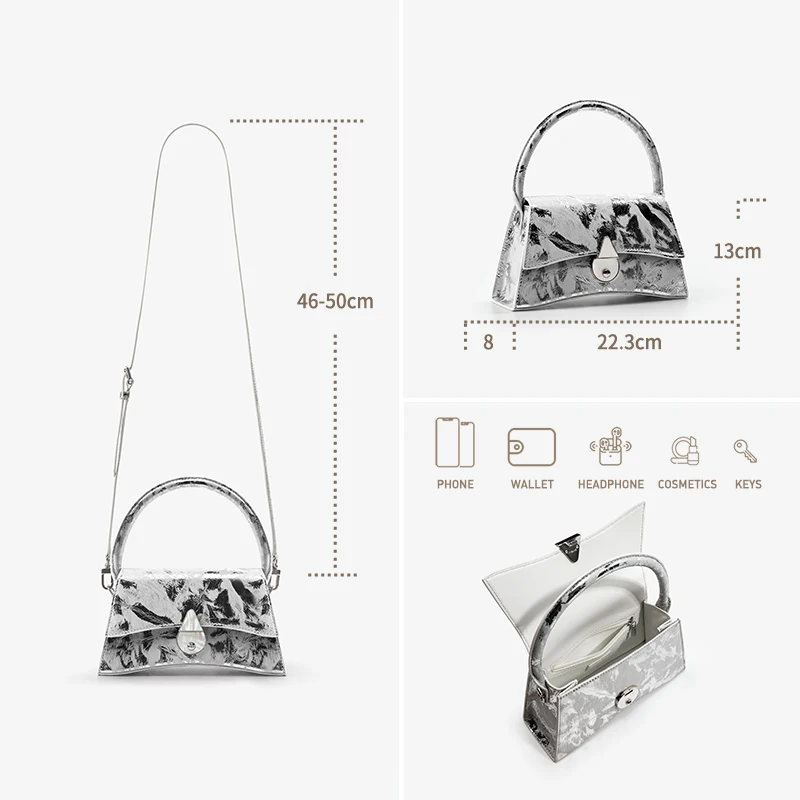 SILVER GENUINE LEATHER BAFELLI ORIGINAL HANDBAG 2024 FASHION CROSSBODY NEW WOMEN'S BAG LUXURY STYLISH EVENING PARTY CASUAL PURSE