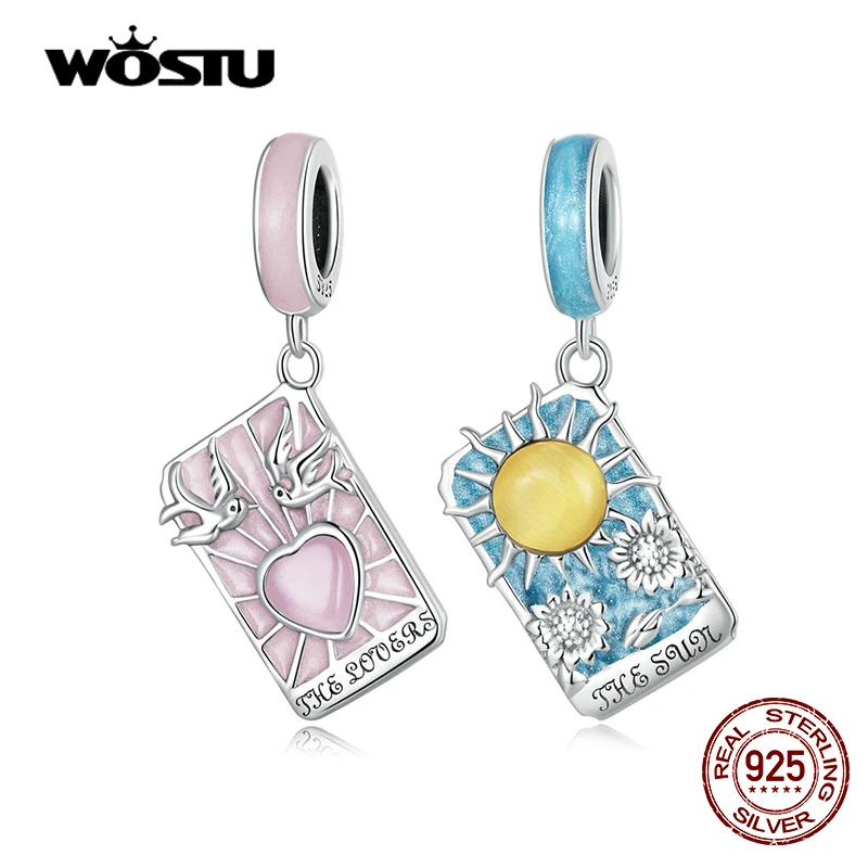 WOSTU 925 Sterling Silver Pink Heart Blue Tarot Cards Lovers Charm Pendents Fit Original DIY Bracelet Necklace Birthday Jewelry