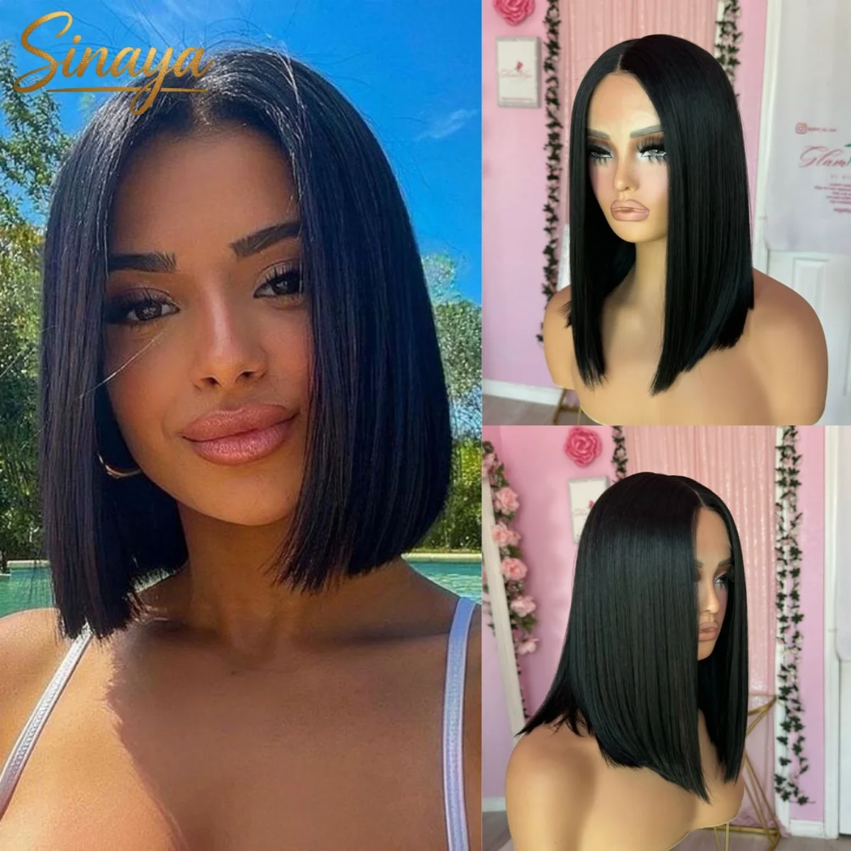 

Черные парики-боб для темнокожих женщин, короткие прямые парики с HD-кружевной передней частью, синтетические парики-боб с центральной Т-образной частью на кружевной основе для повседневного использования и вечеринок