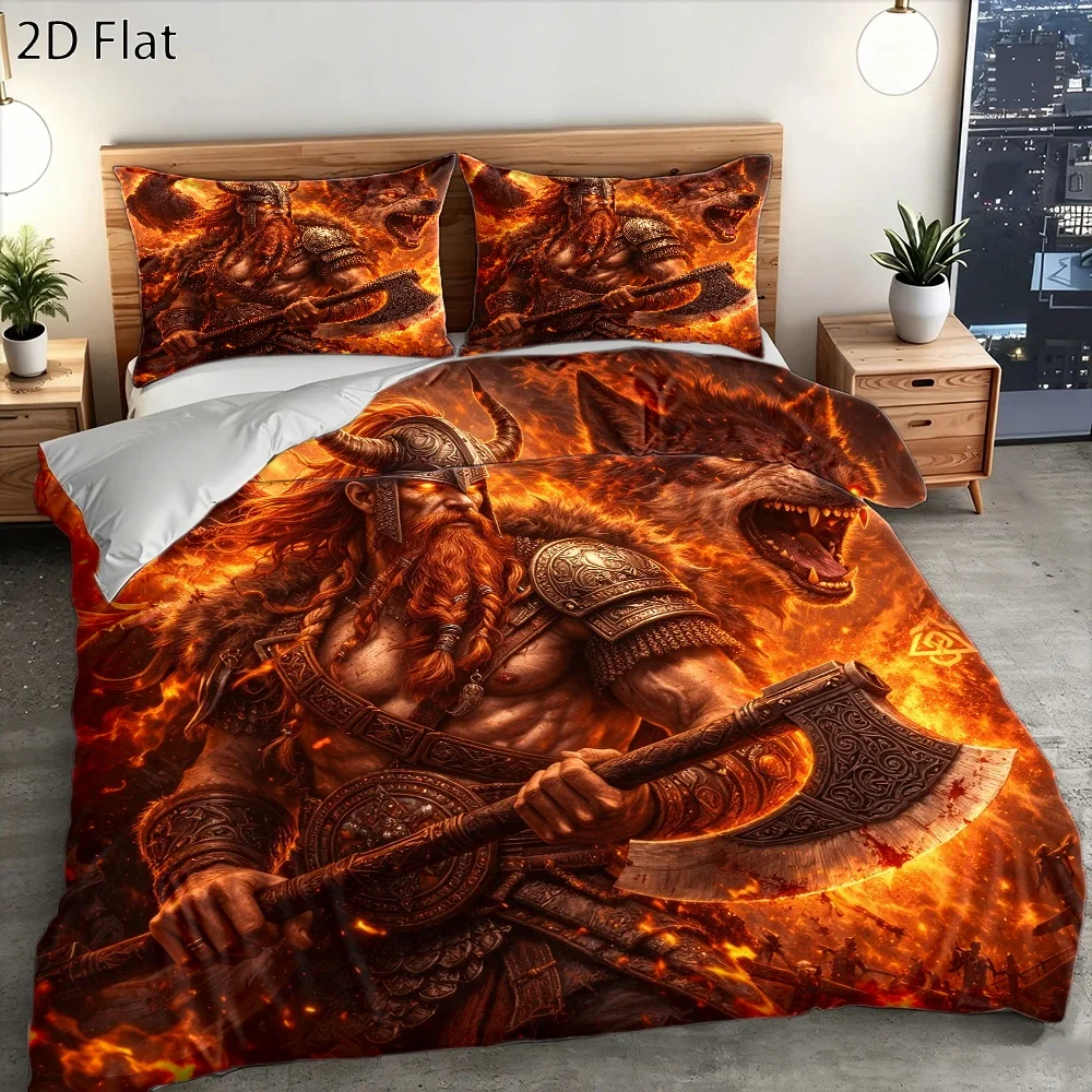 3Pc Nordic Viking Warrior Themed Duvet Cover Set, Three-Piece Bedding Set (1*Duvet Cover + 2*Pillowcases), Suitable for All Seasons, Machine Washable, Invisible Zipper Design, Large Double Bed Cover, Suitable for Home, Dormitory, Master Bedroom, Guest Room, Retro Mythological Style Bedding, Flame Wolf and Raven Elements Bedding, Hot-Selling Bedroom Decoration Set, Wear-Resistant, Breathable, Skin-Friendly Bedding Set
