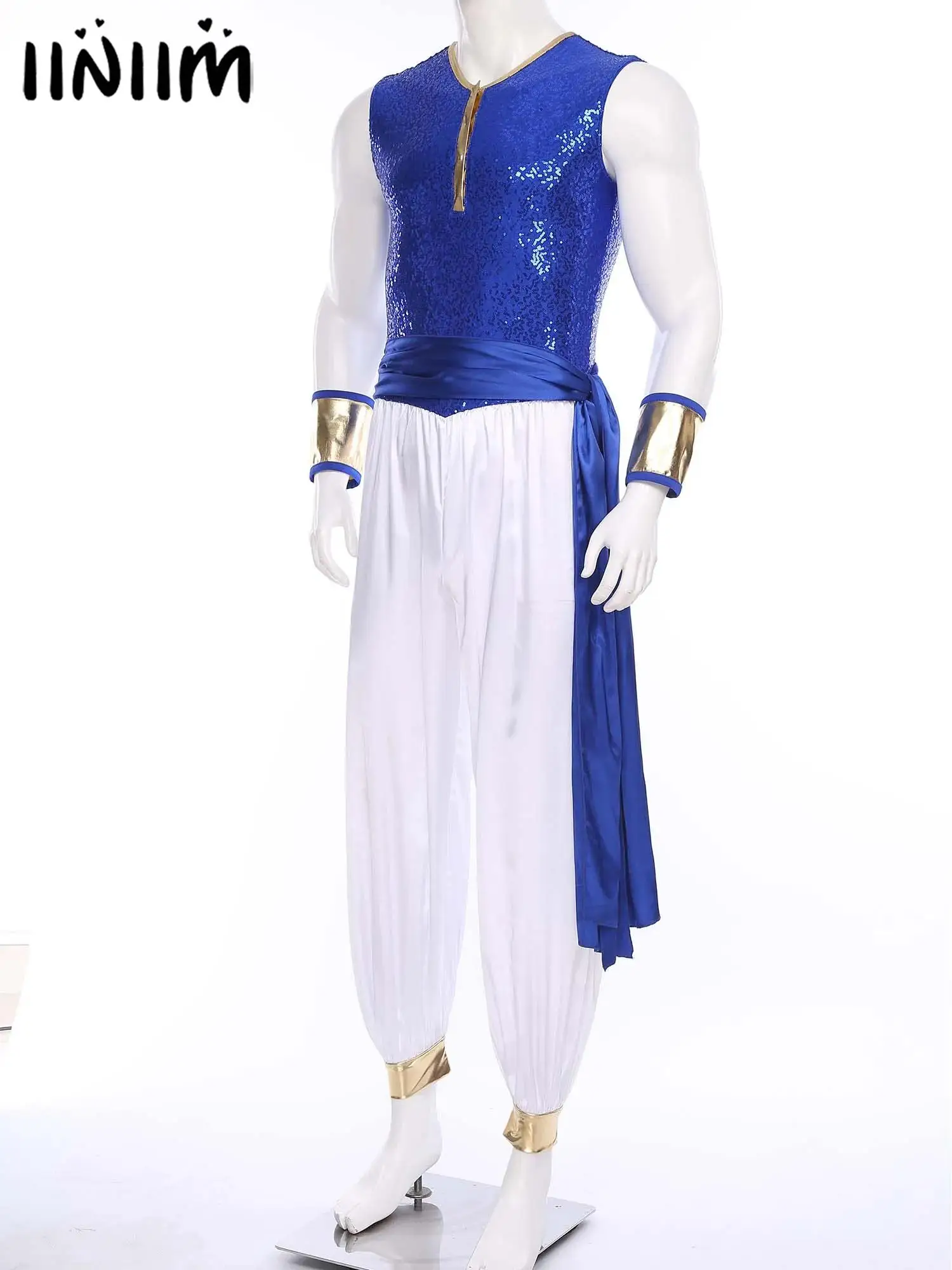 

Mens Halloween Outfits Arab Arabian Prince Cosplay Costume Dress Up Romper with Waist Belt Sleeves Sequin Bodice Pants Jumpsuit