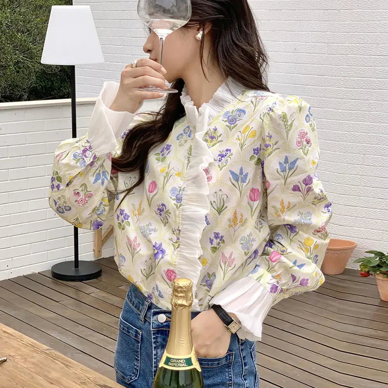 Korean Printing Shirt Tops Spring New Long Sleeve All-match Ruffles Patchwork Floral Blouse Temperament Elegant Women Clothing