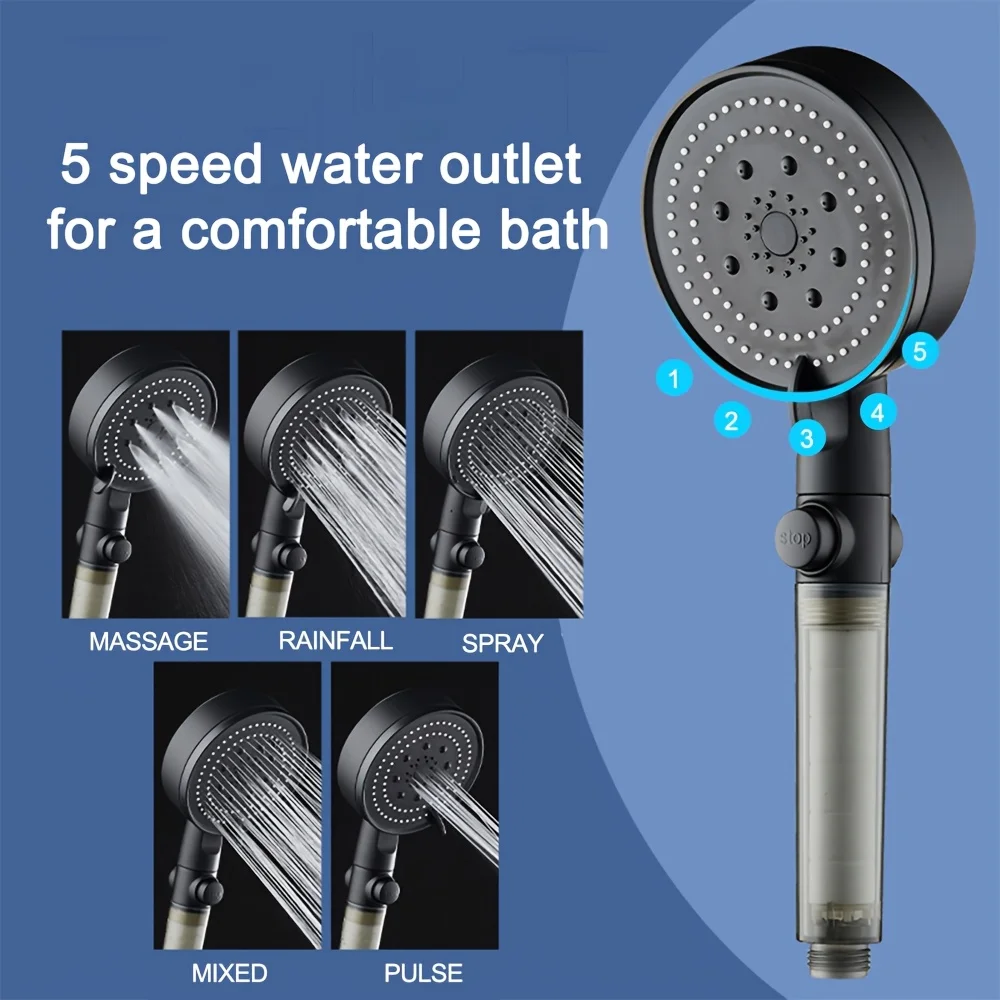 

High Pressure Shower Head with Filter Water Saving Adjustable 5 Spray Modes Large Flow Showerhead Handheld Bathroom Accessories
