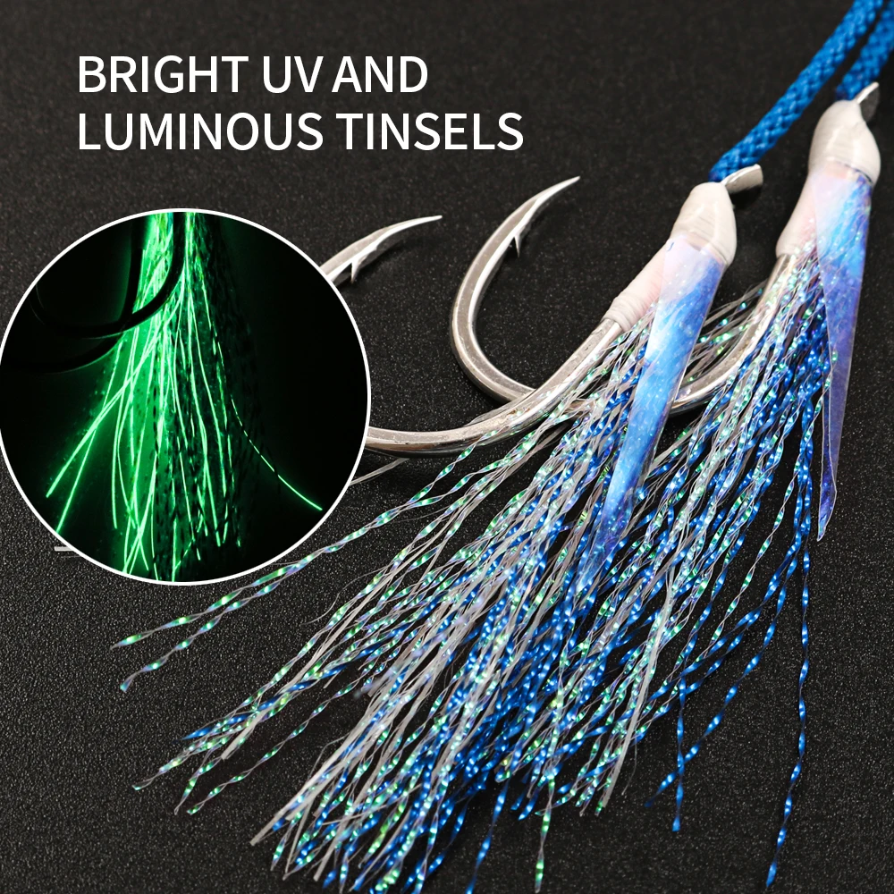 خطافات JIGGING PRO المساعدة المزدوجة 1/0 2/0 3/0 4/0 خطاف صيد مزدوج شائك BKK من الفولاذ عالي الكربون مع خطاف قفز من الريش المتوهج #5