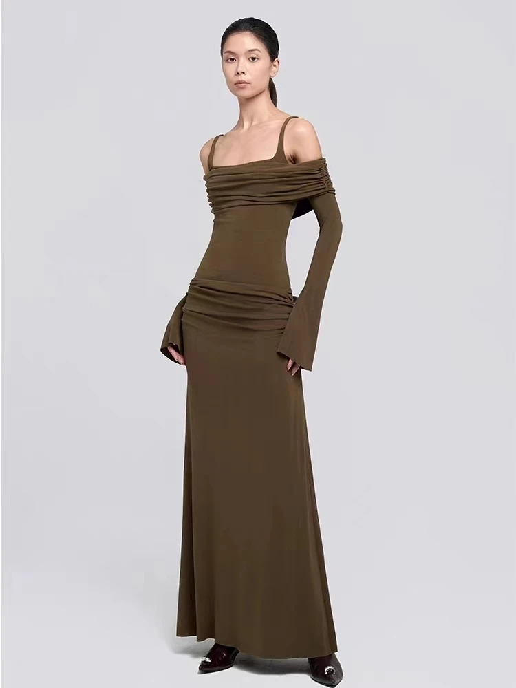 

DEAT Elegant Dress Slip Slash Neck Backless Folds Slim Elastic Ankle-length Women's Evening Dresses 2024 Autumn New 13DLH604