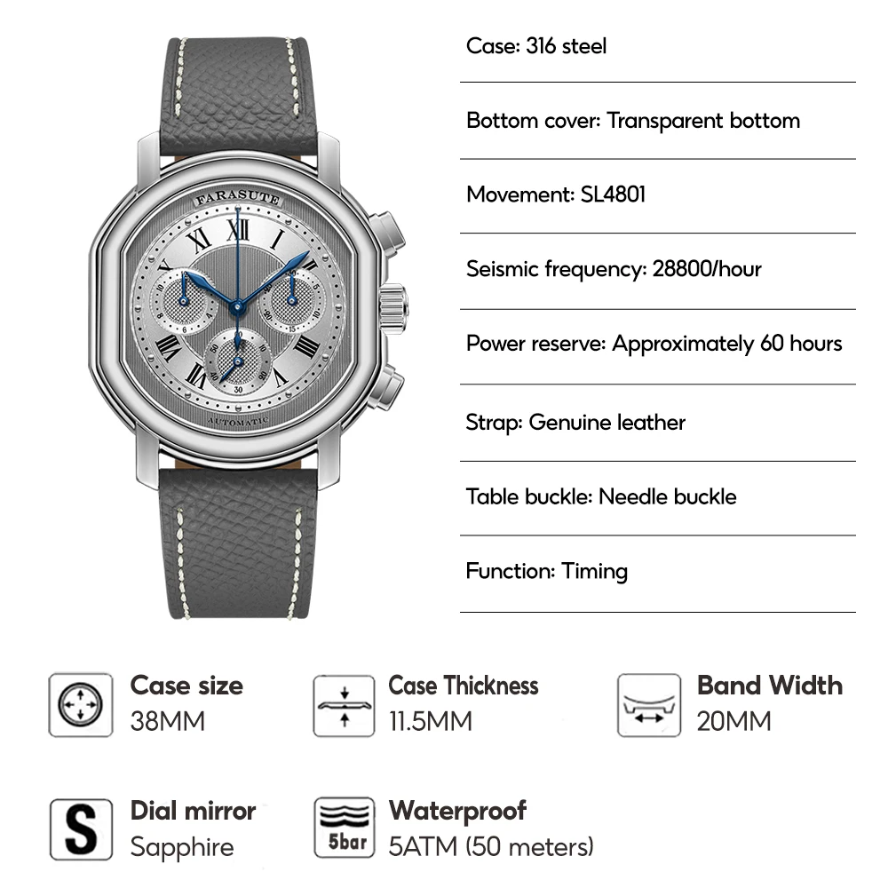 FARASUTE 国際版メンズ機械式時計パイロット時計 4801 ムーブメントレトロクロノグラフトリビュートシリーズメンズ腕時計レロジオ